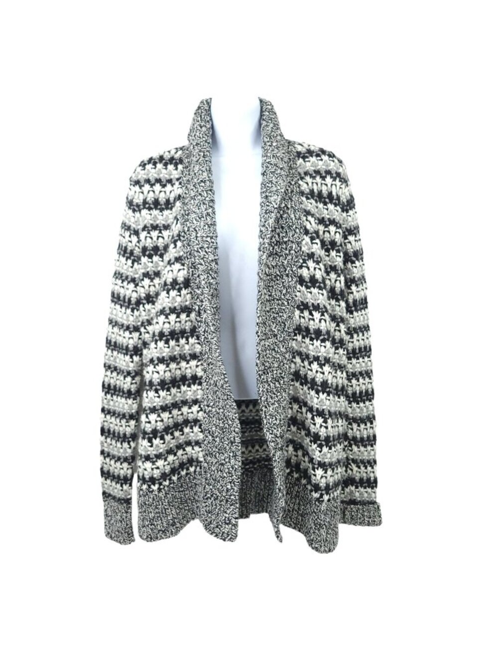 Ann Taylor LOFT Cardigan Sweater M Black White Marled Knit Open Front Shawl